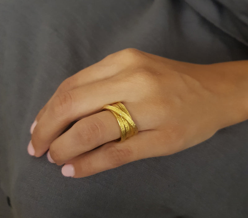 Wide Gold Highway Spiral Wrap Ring 18k Gold Plated Textured-ZadokGold