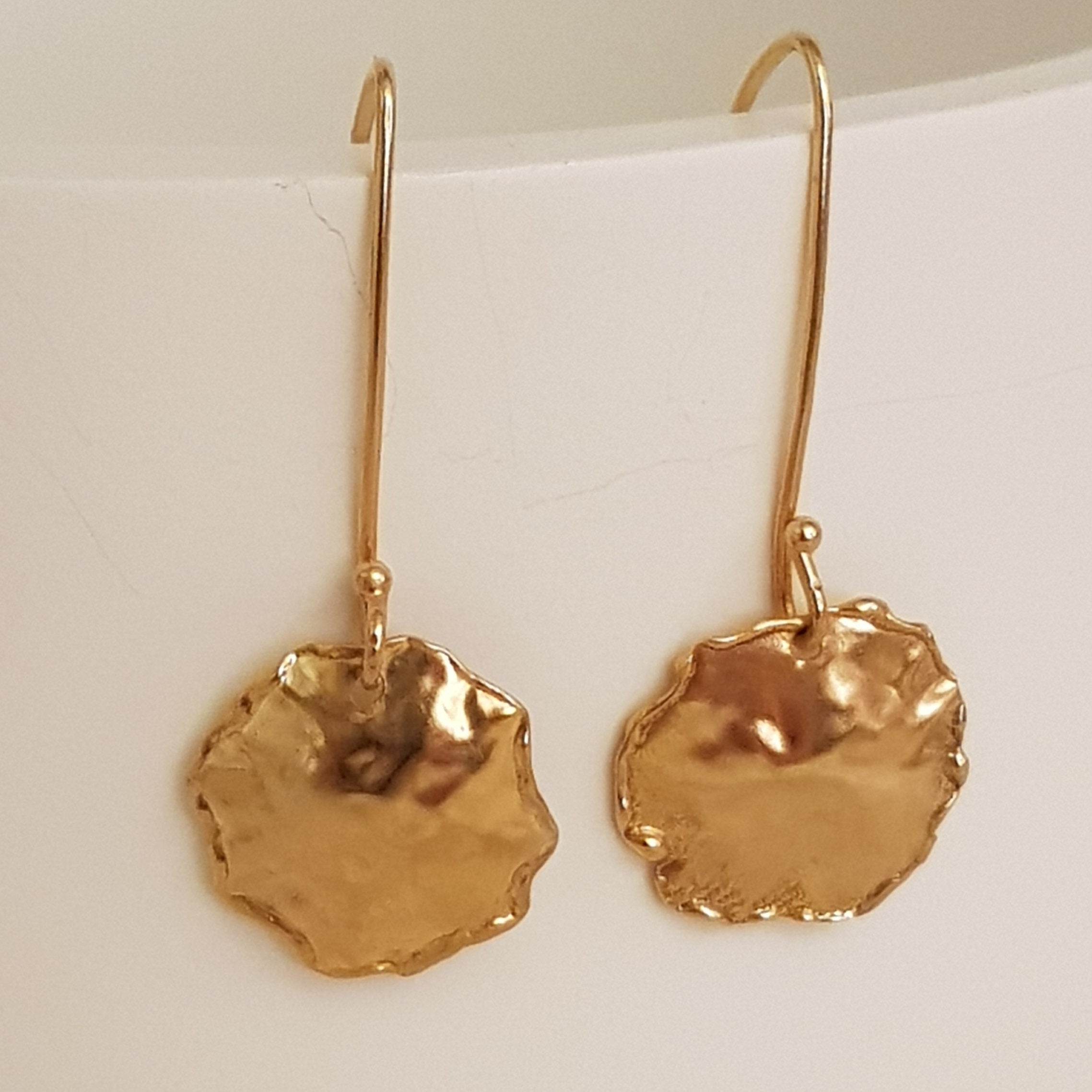 14k Gold Small Circle Dangle Earrings, Melted Textured Gold-ZadokGold