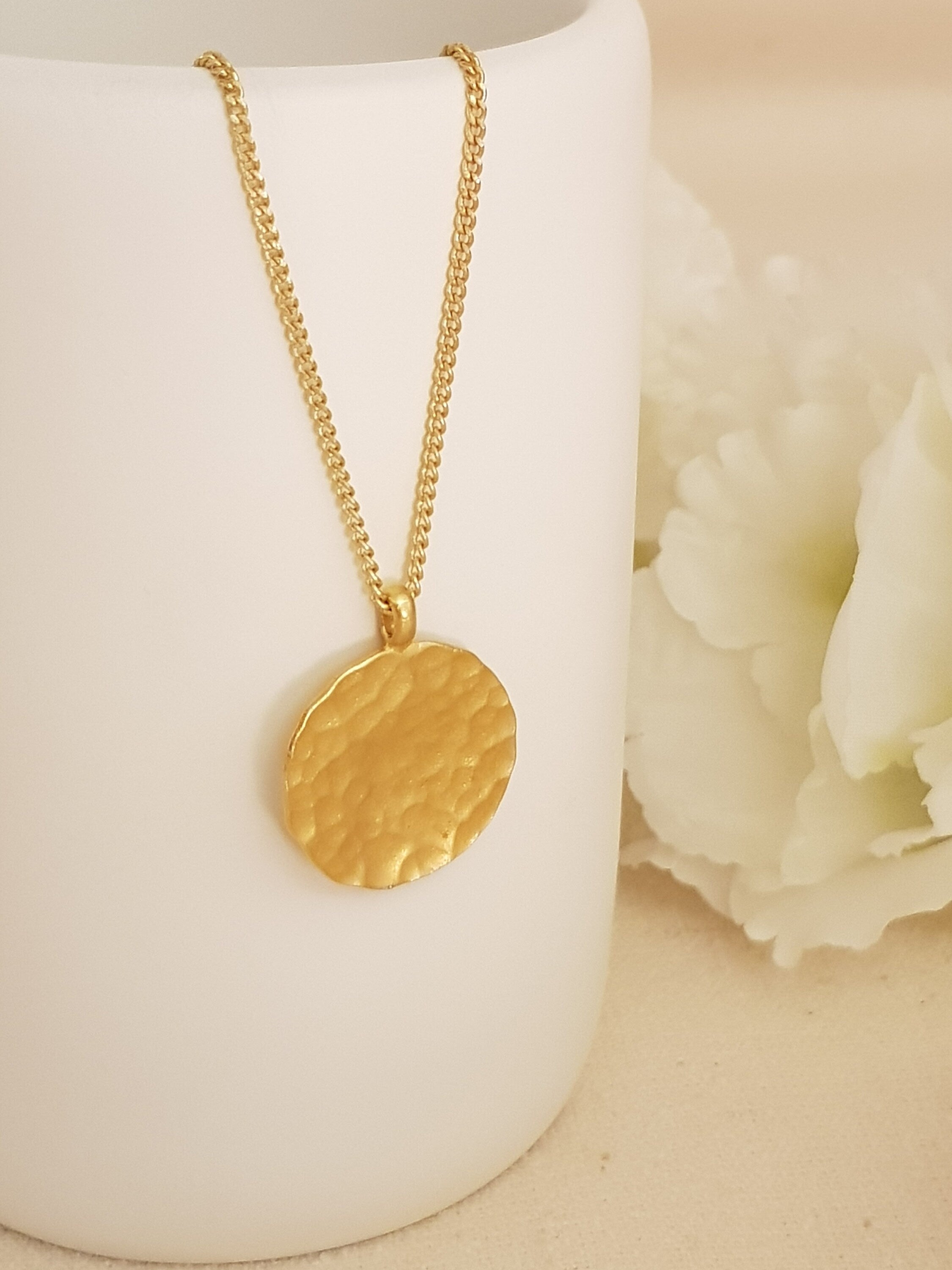 Small Hammered Gold Circle Disc Pendant Gold Plated Necklace