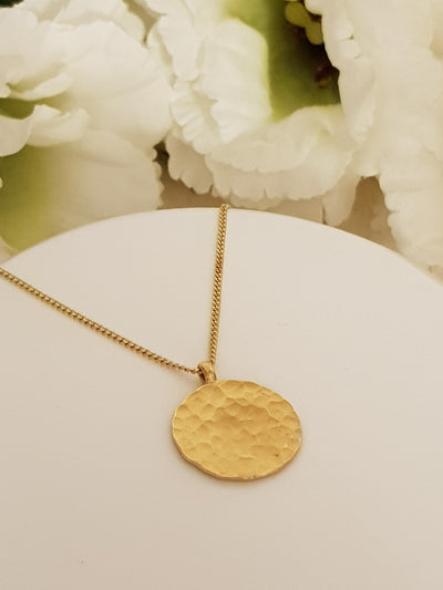 Small Hammered Gold Circle Disc Pendant Gold Plated Necklace-ZadokGold