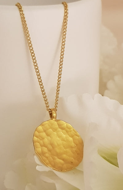 Small Hammered Gold Circle Disc Pendant Gold Plated Necklace-ZadokGold