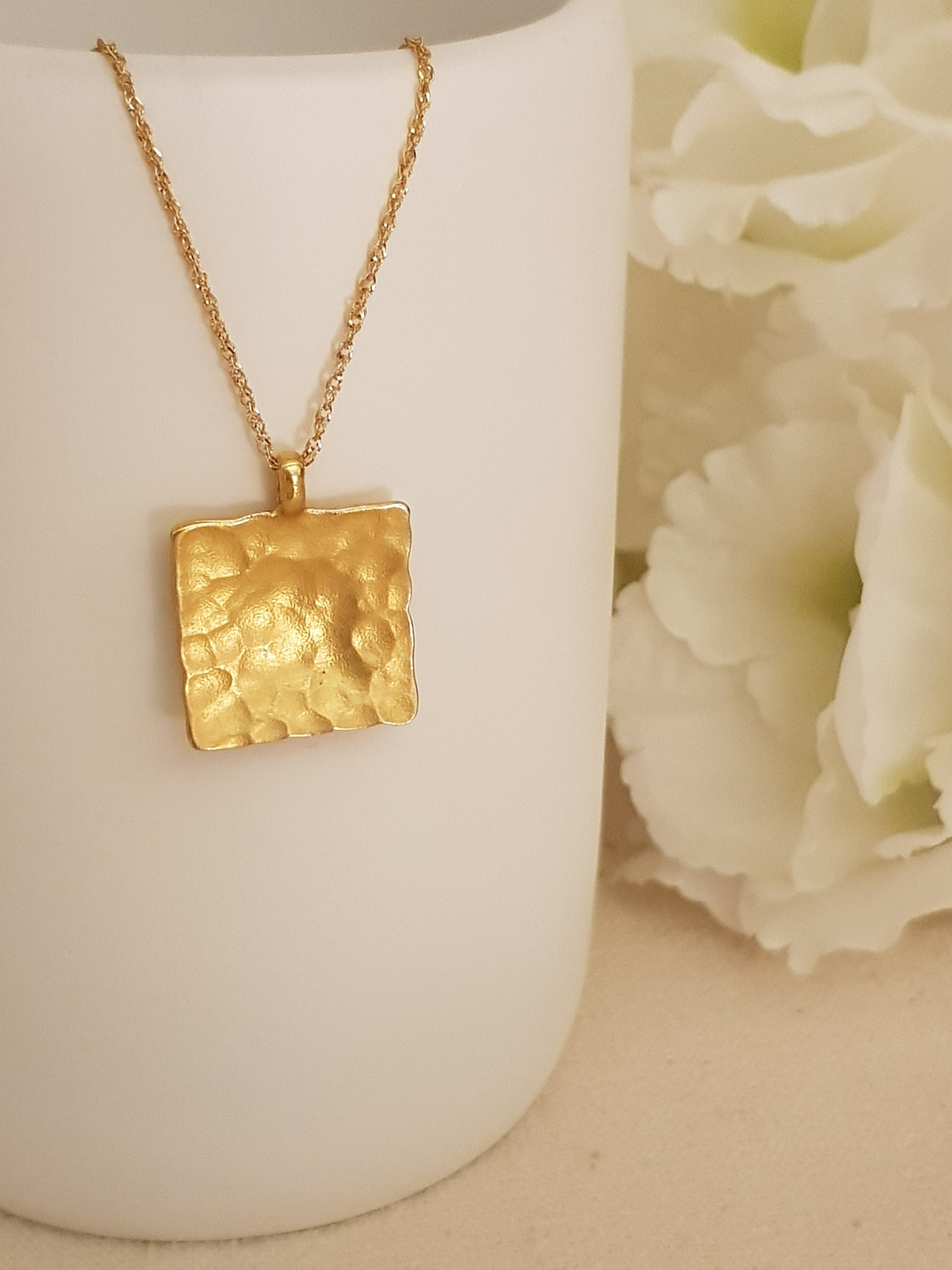 Hammered Gold Square Pendant Gold Plated Necklace