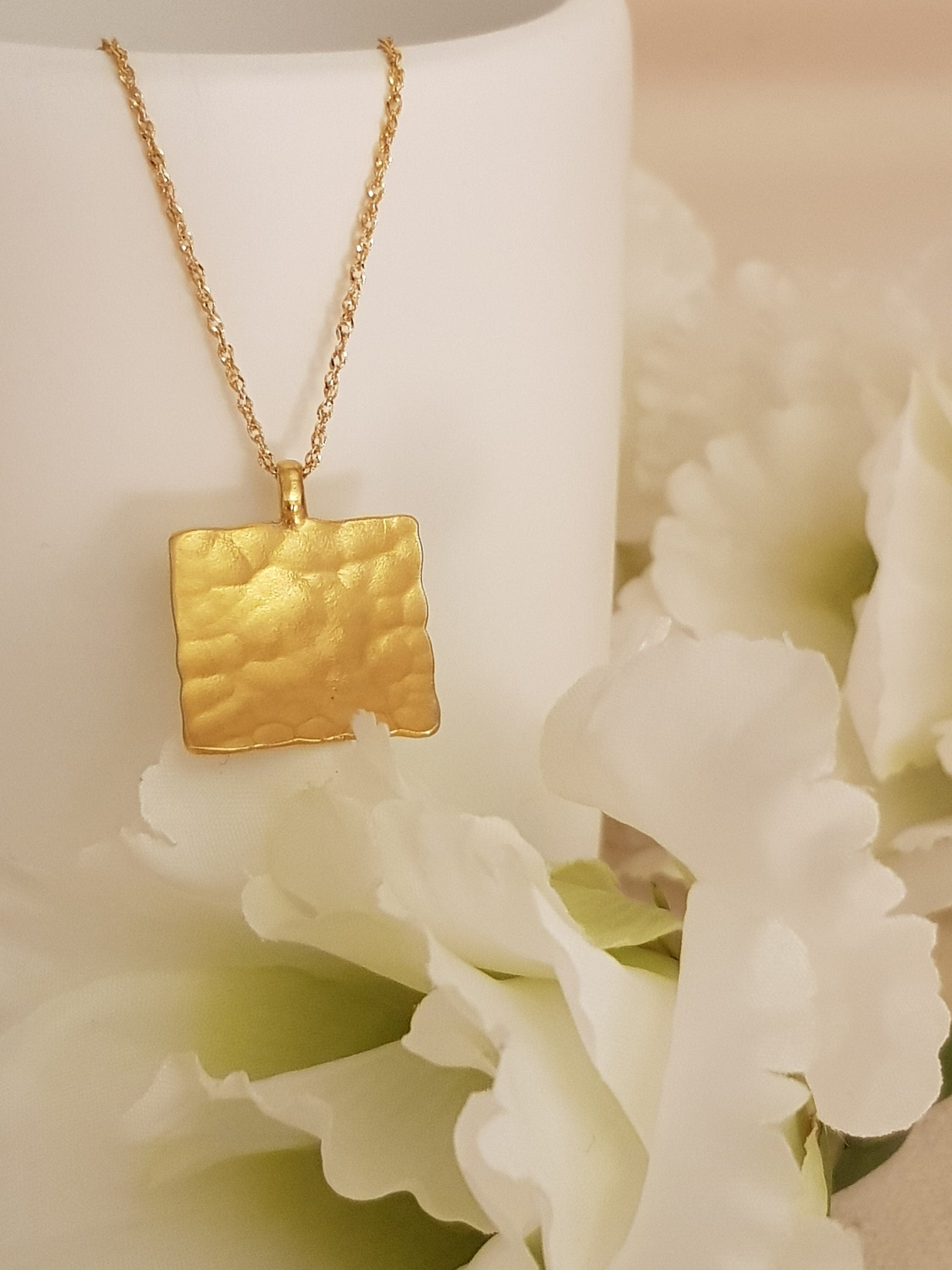 Hammered Gold Square Pendant Gold Plated Necklace