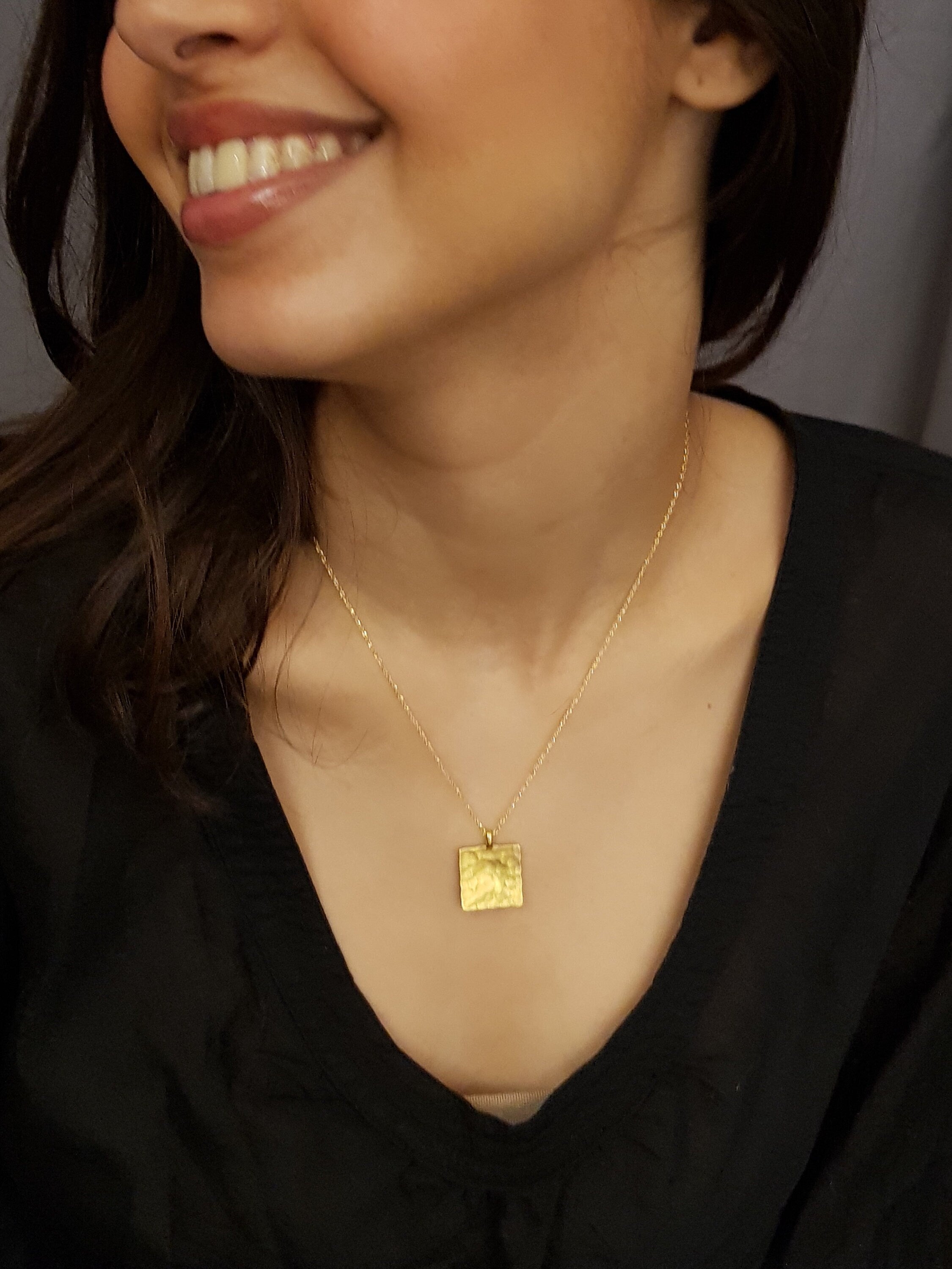 Hammered Gold Square Pendant Gold Plated Necklace