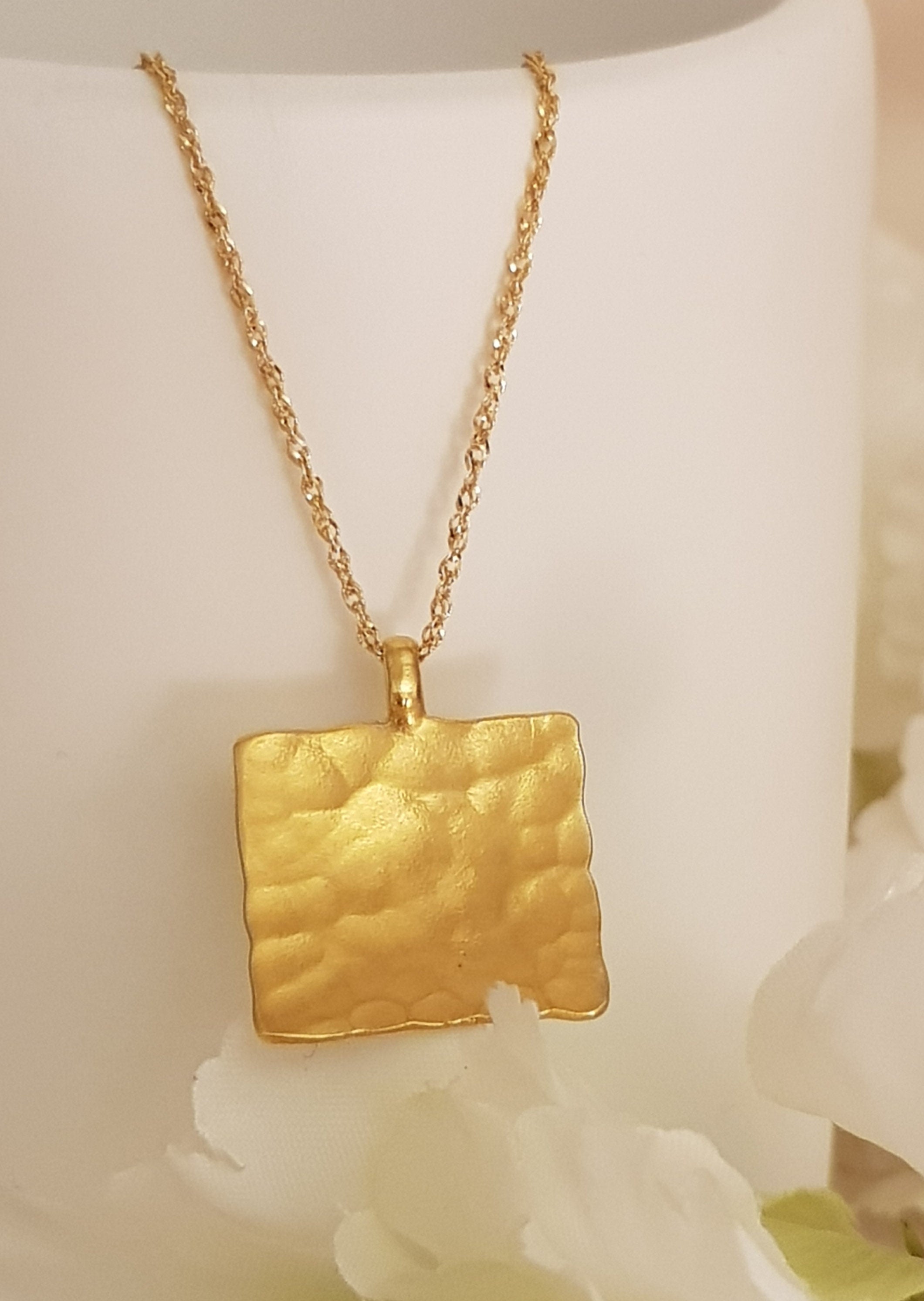 Hammered Gold Square Pendant Gold Plated Necklace