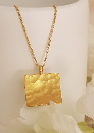 Hammered Gold Square Pendant Gold Plated Necklace-ZadokGold