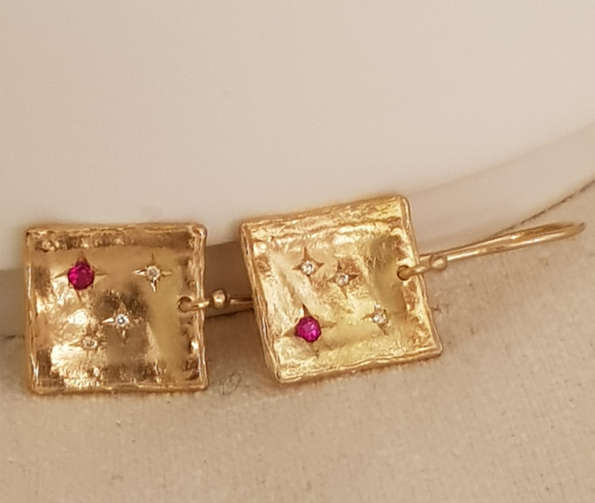 Square 18k Gold Dangle Earrings with Diamonds and Burma Ruby