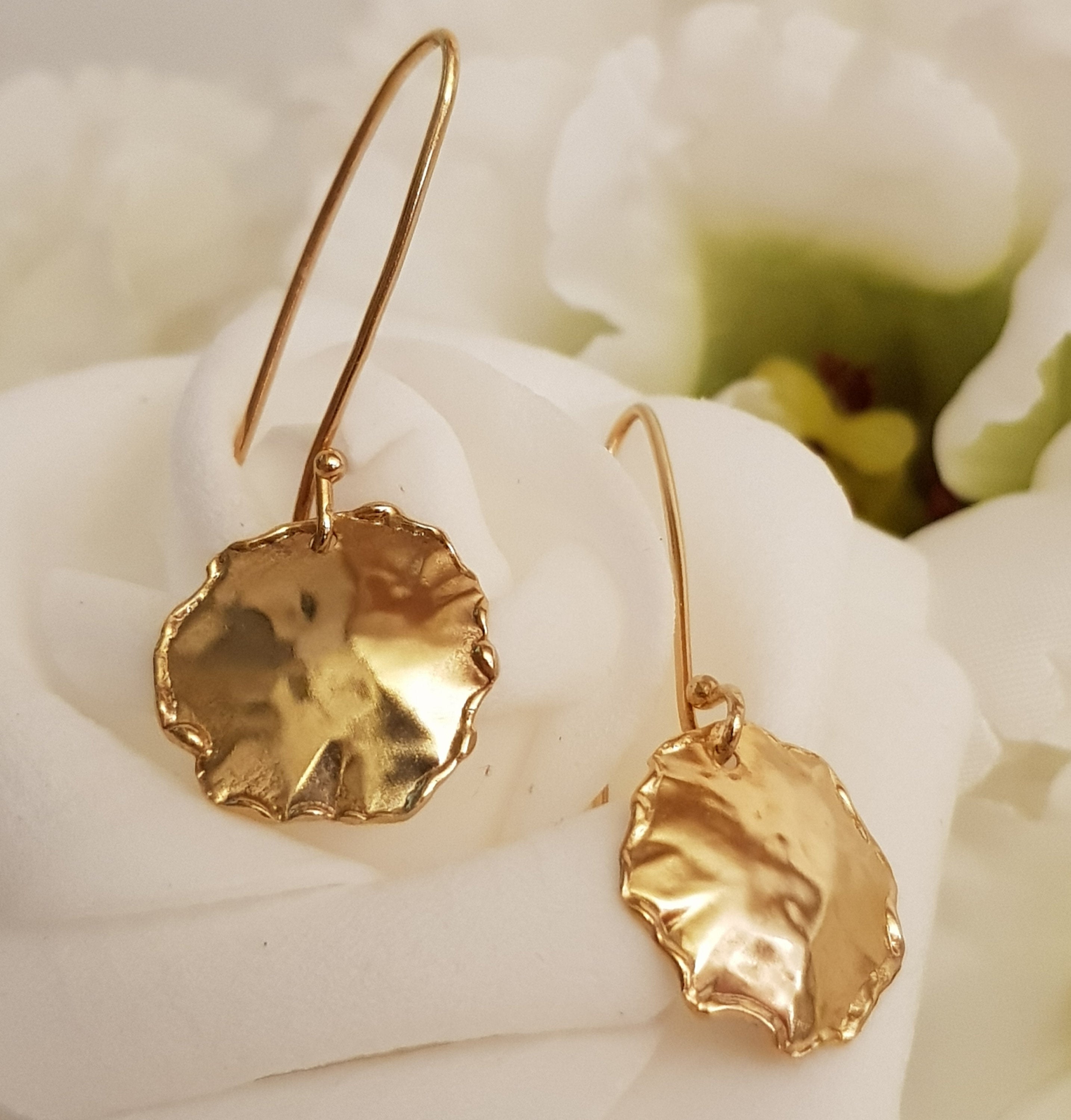 14k Gold Small Circle Dangle Earrings, Melted Textured Gold-ZadokGold