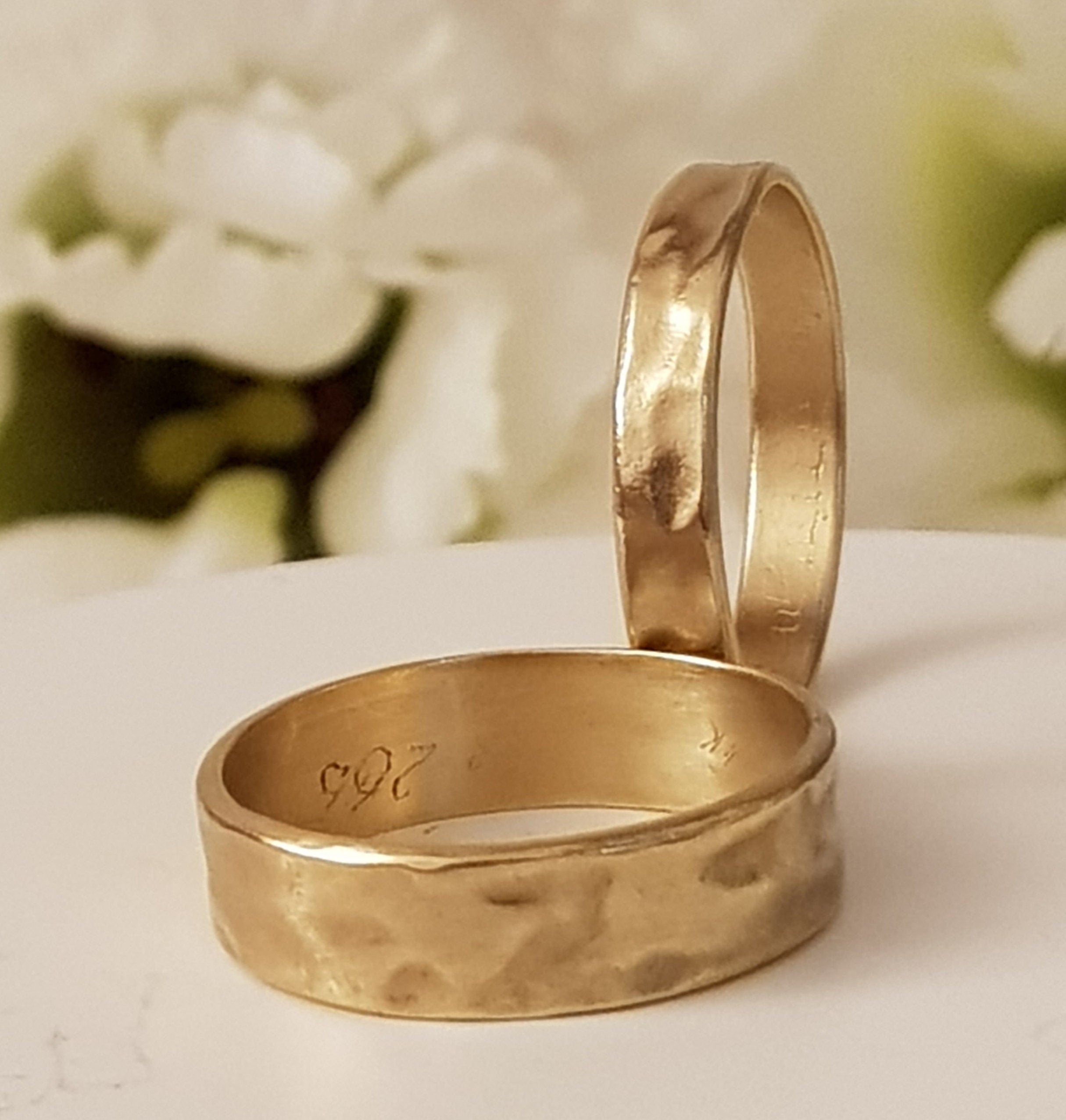 18k Hammered Gold Wedding Ring Set - His and Hers Gold Rings