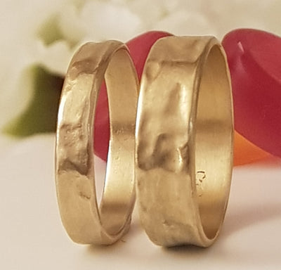 18k Hammered Gold Wedding Ring Set - His and Hers Gold Rings-ZadokGold