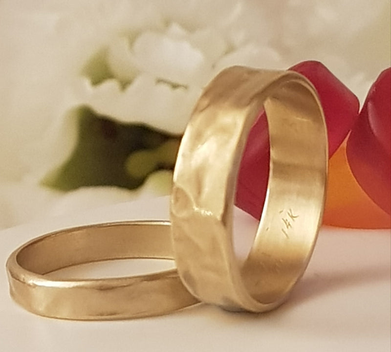 18k Hammered Gold Wedding Ring Set - His and Hers Gold Rings-ZadokGold