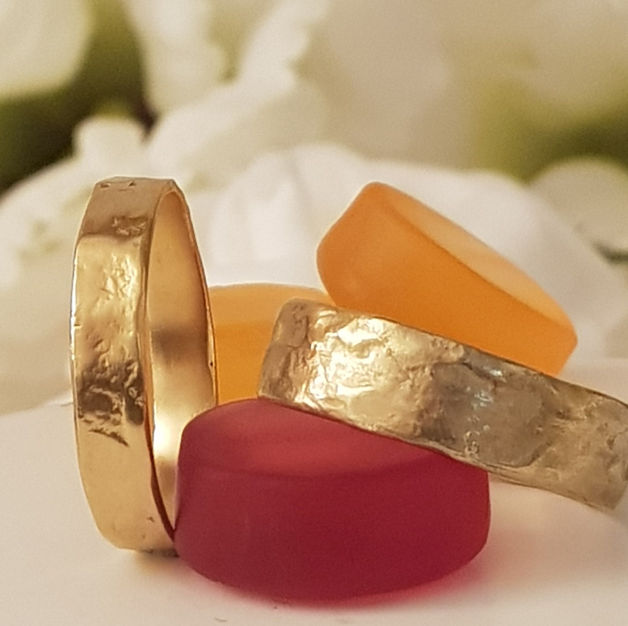 14k Textured Gold Wedding Ring Set - His and Hers Gold Rings