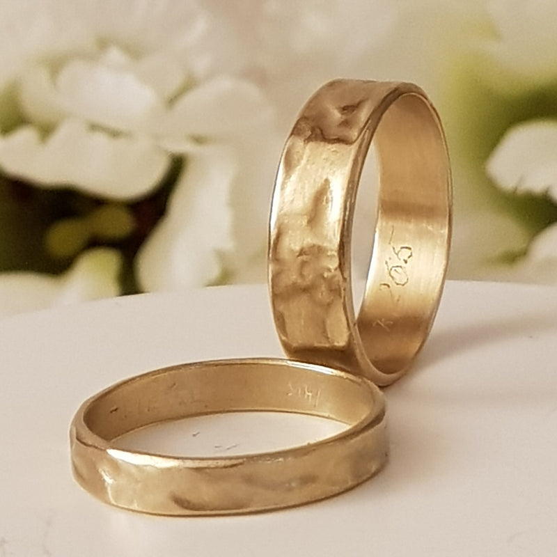 18k Hammered Gold Wedding Ring Set - His and Hers Gold Rings-ZadokGold