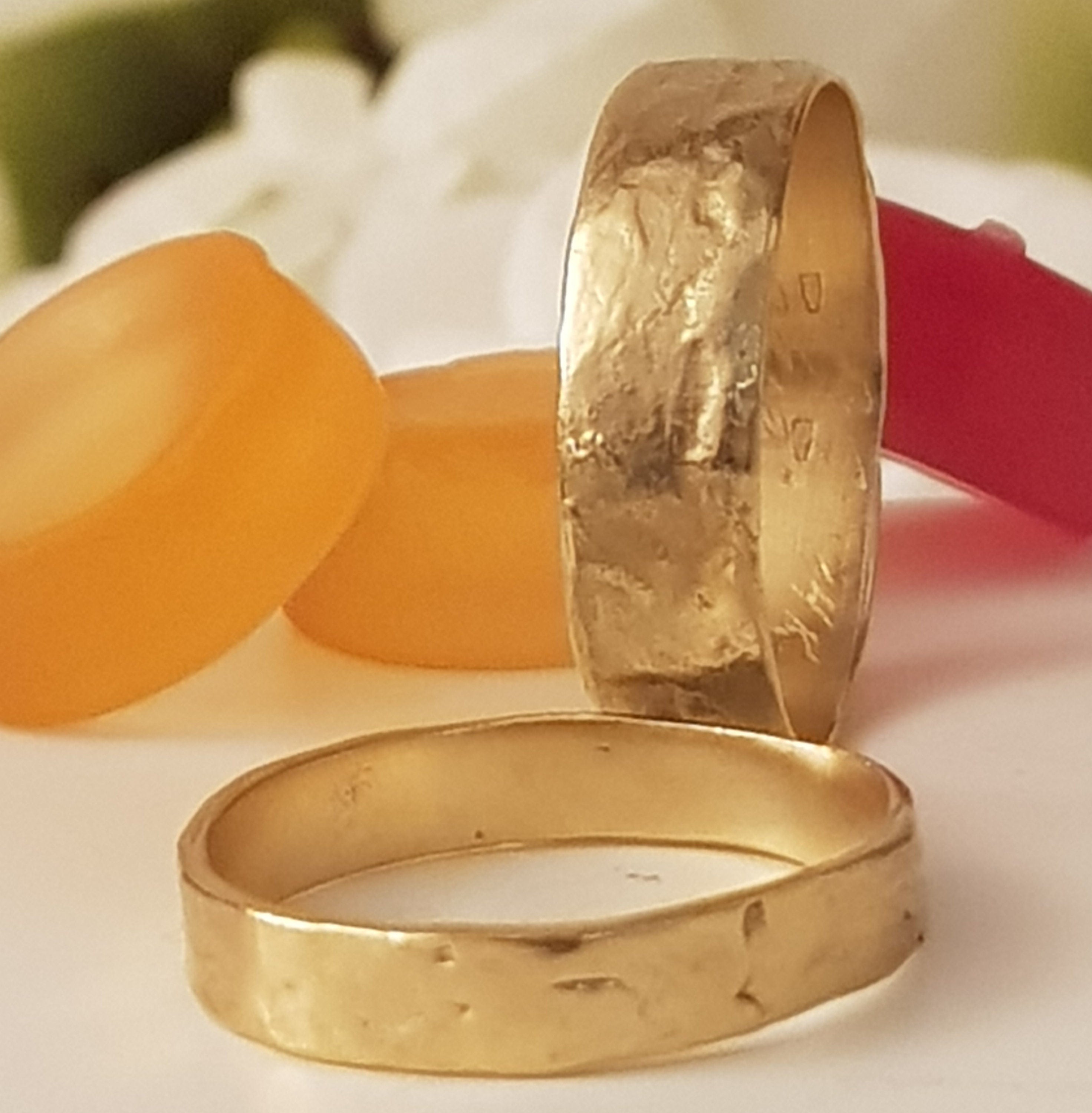 14k Textured Gold Wedding Ring Set - His and Hers Gold Rings