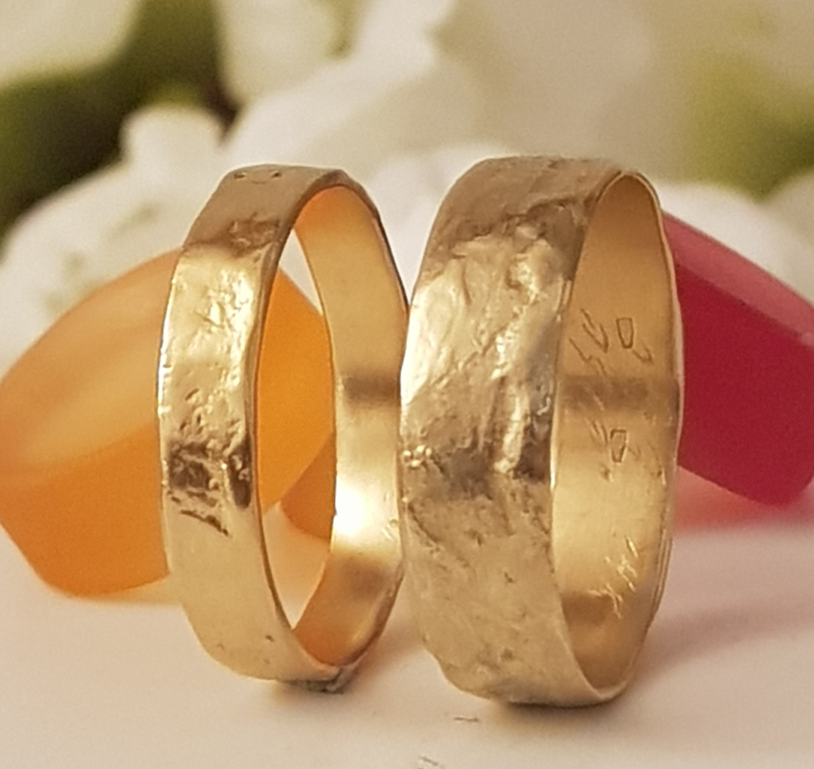 14k Textured Gold Wedding Ring Set - His and Hers Gold Rings