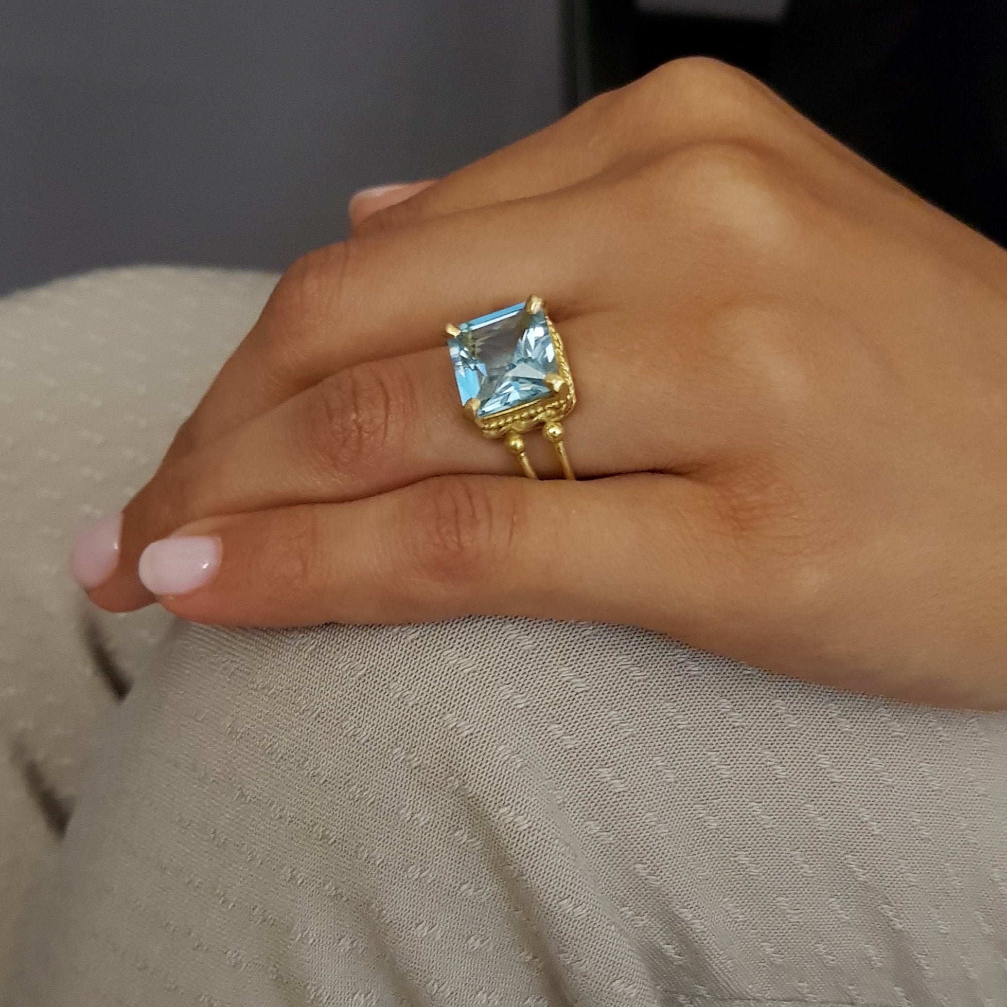 Blue Topaz Square Cocktail Ring 14k Gold