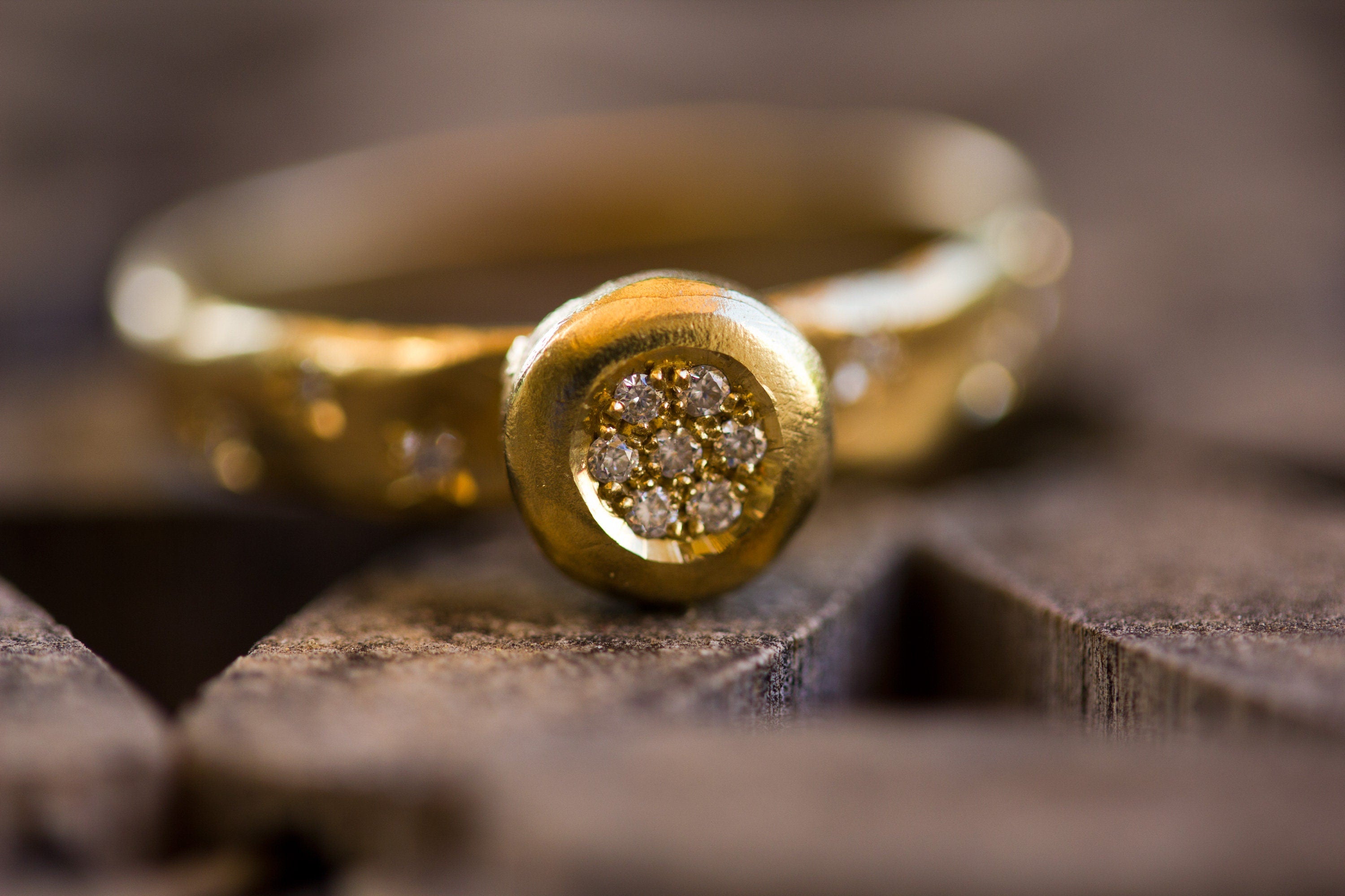 Small Diamonds Flower Ring 14k Rustic Yellow Gold