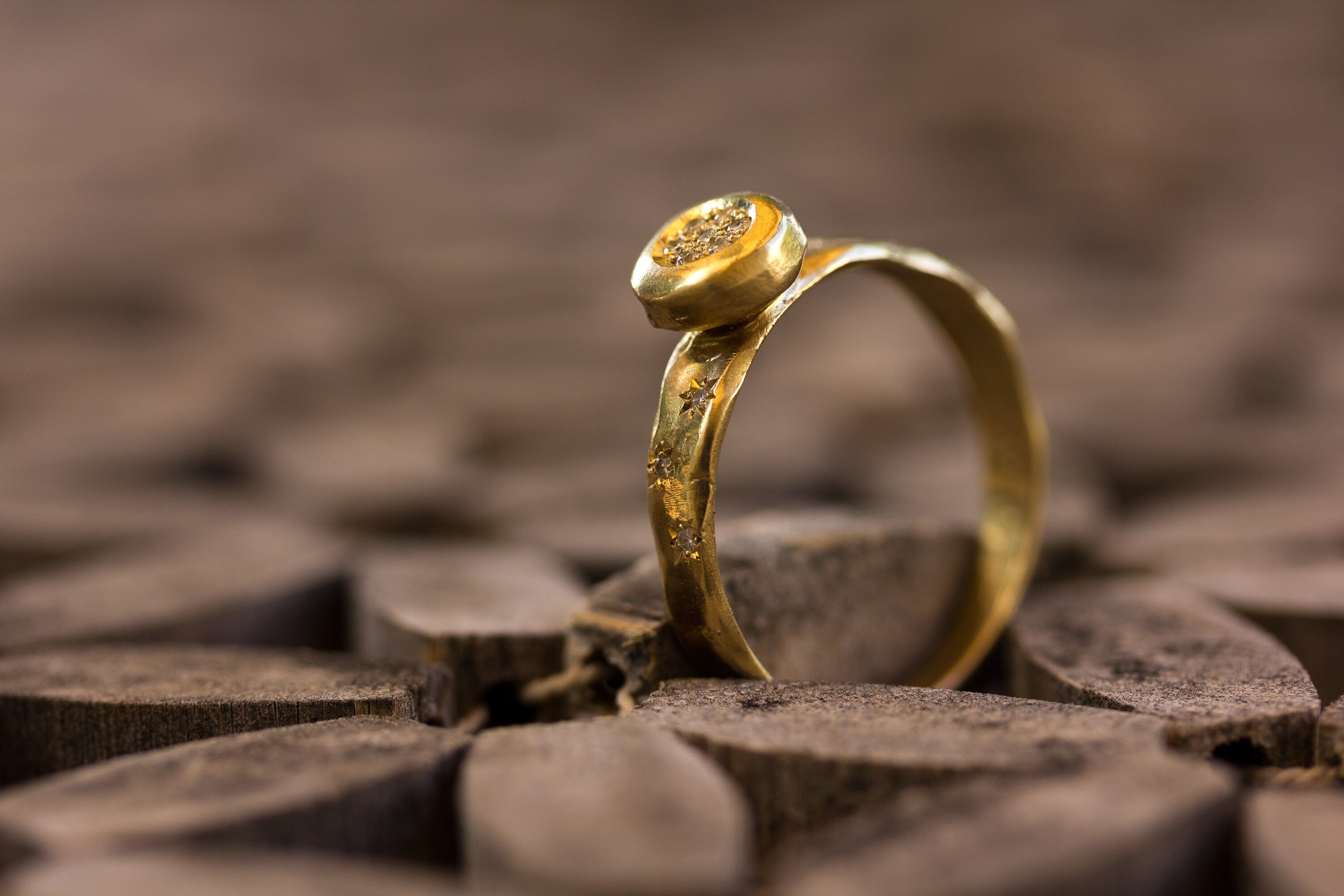 Small Diamonds Flower Ring 14k Rustic Yellow Gold