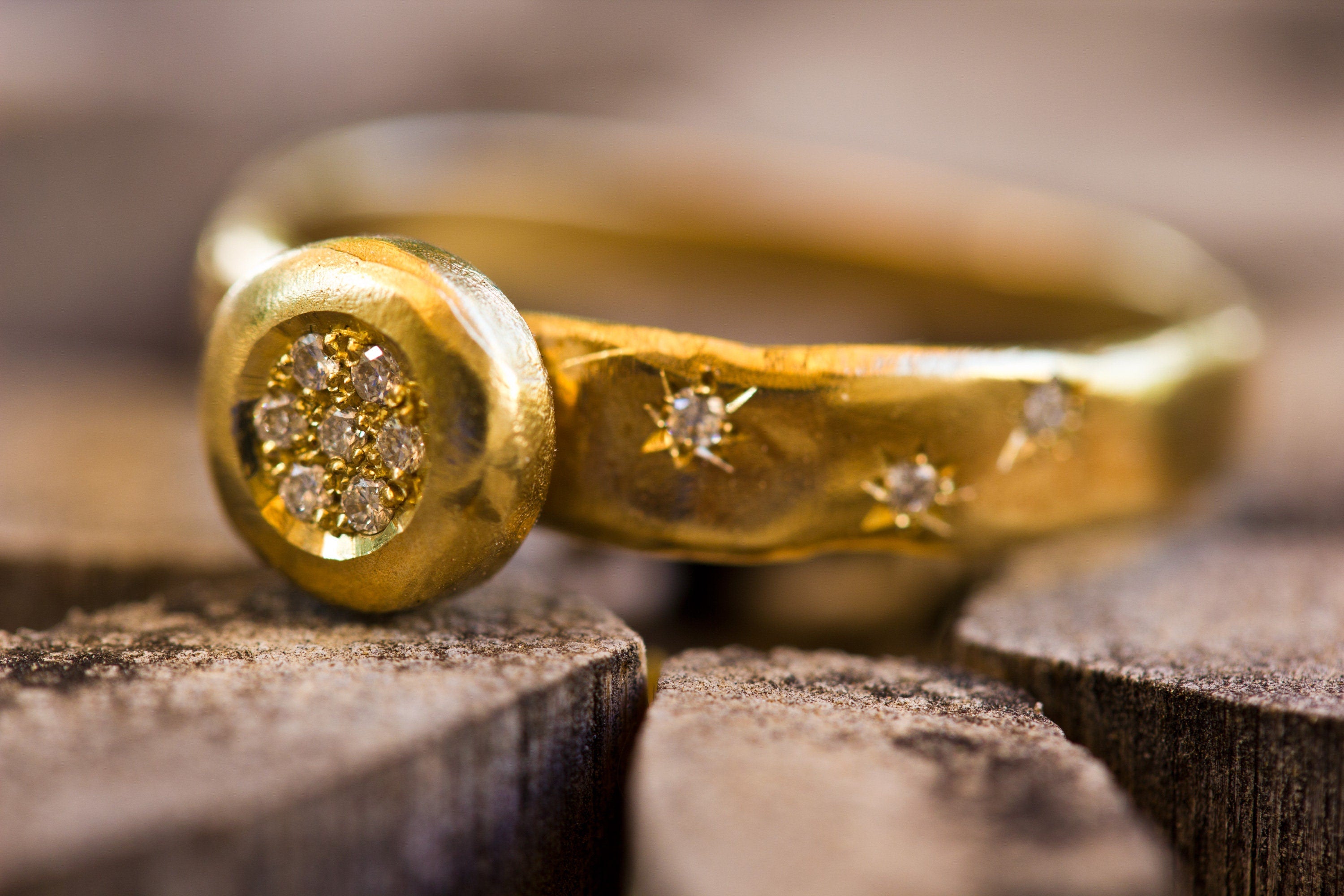 Small Diamonds Flower Ring 14k Rustic Yellow Gold