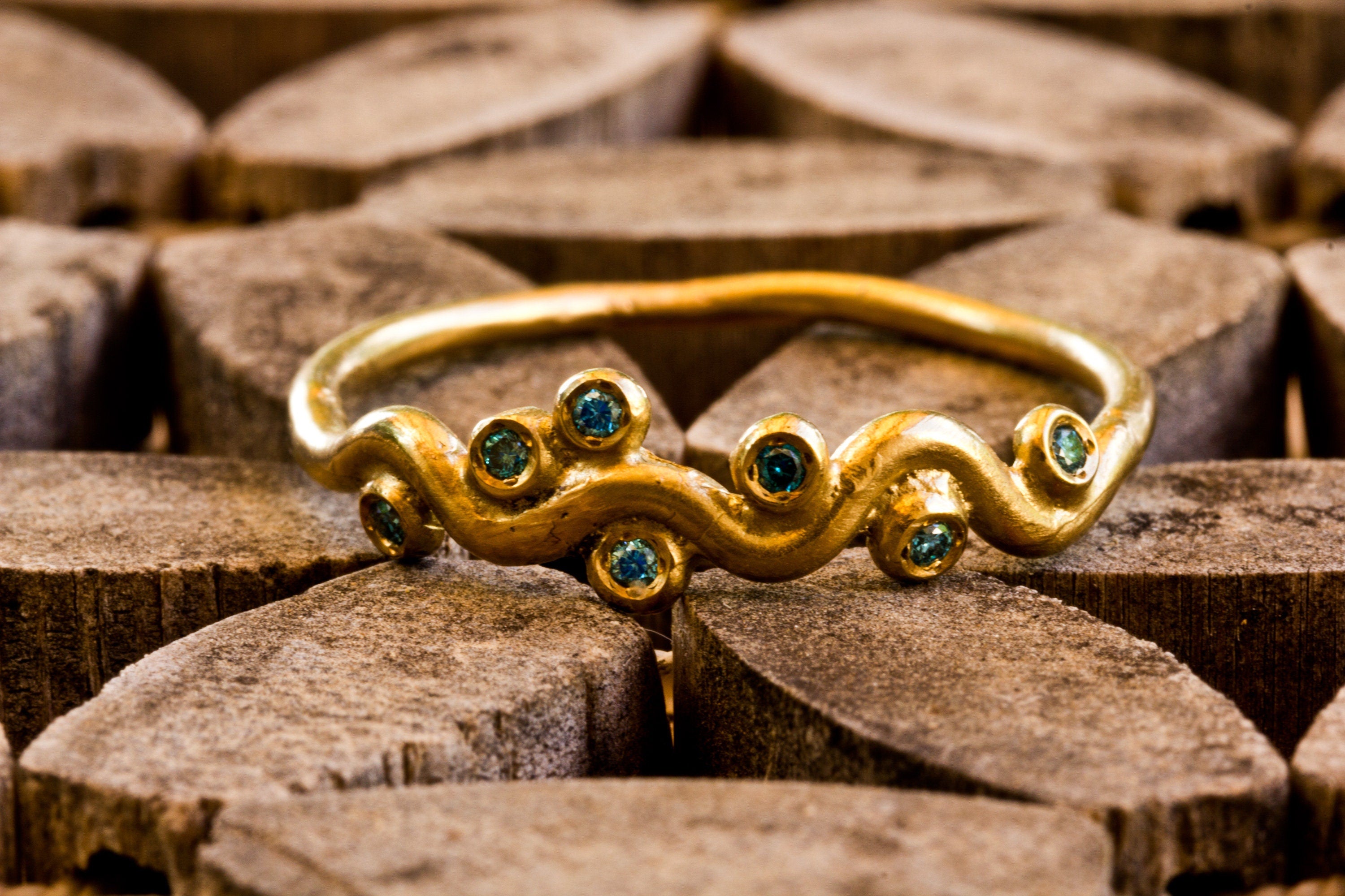 Nature Inspired Blue Diamond 14k Gold Tree Ring