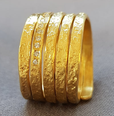 Extra Wide 18k Textured Gold Spiral Wrap Ring with 18 Small Diamonds-ZadokGold