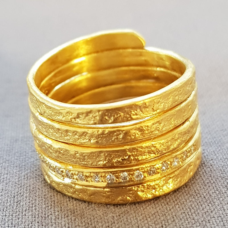 Extra Wide 18k Textured Gold Spiral Wrap Ring with 18 Small Diamonds-ZadokGold