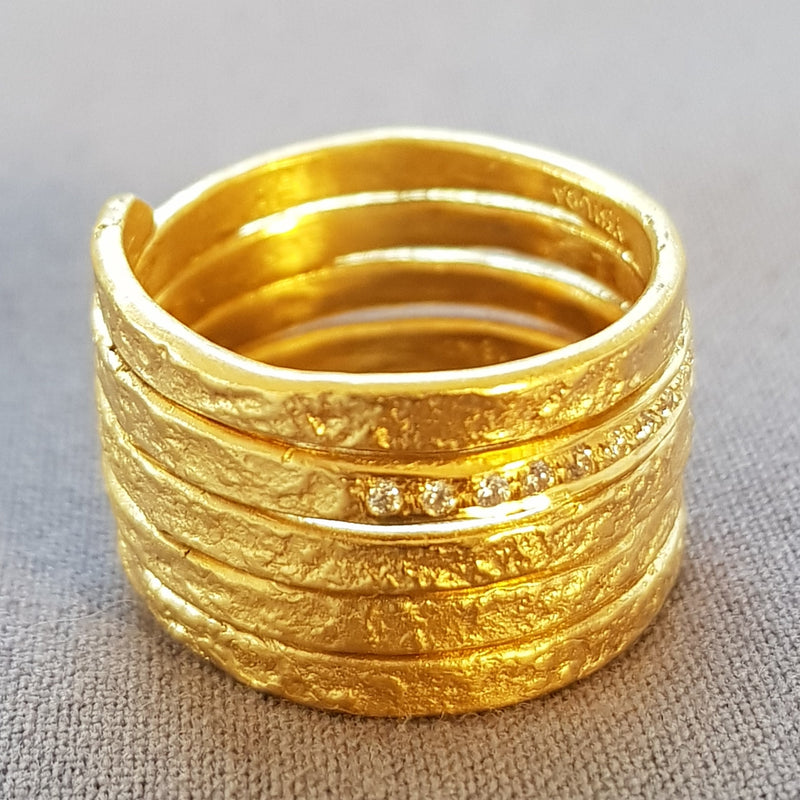 Extra Wide 18k Textured Gold Spiral Wrap Ring with 18 Small Diamonds-ZadokGold