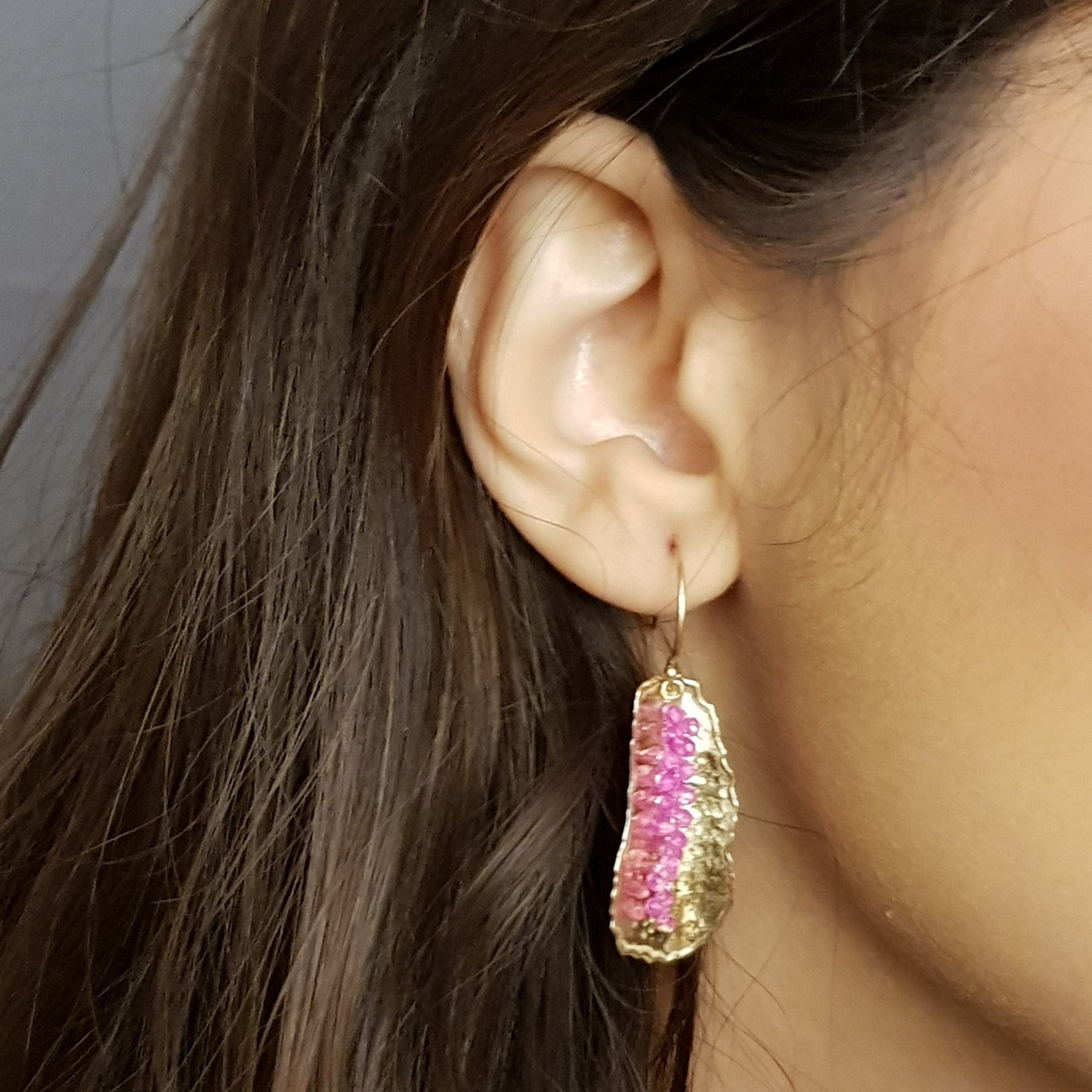 Pink Sapphire and 9k Rustic Gold Hammered Earrings