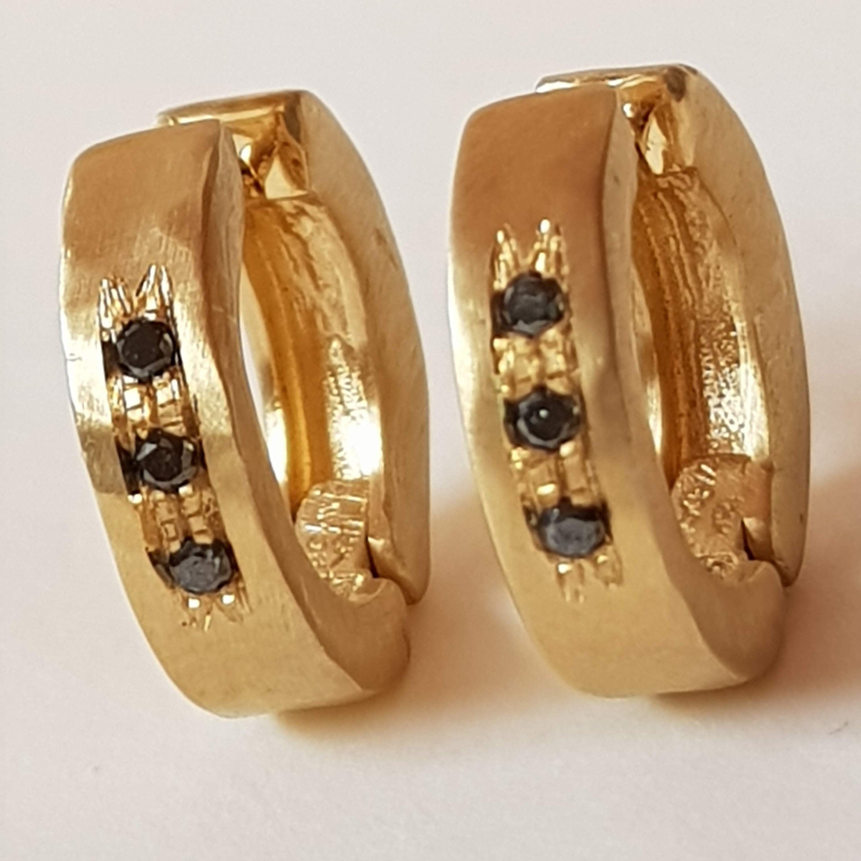 Black Diamond Huggie Hoop Earrings -18K Gold Hoop Earrings