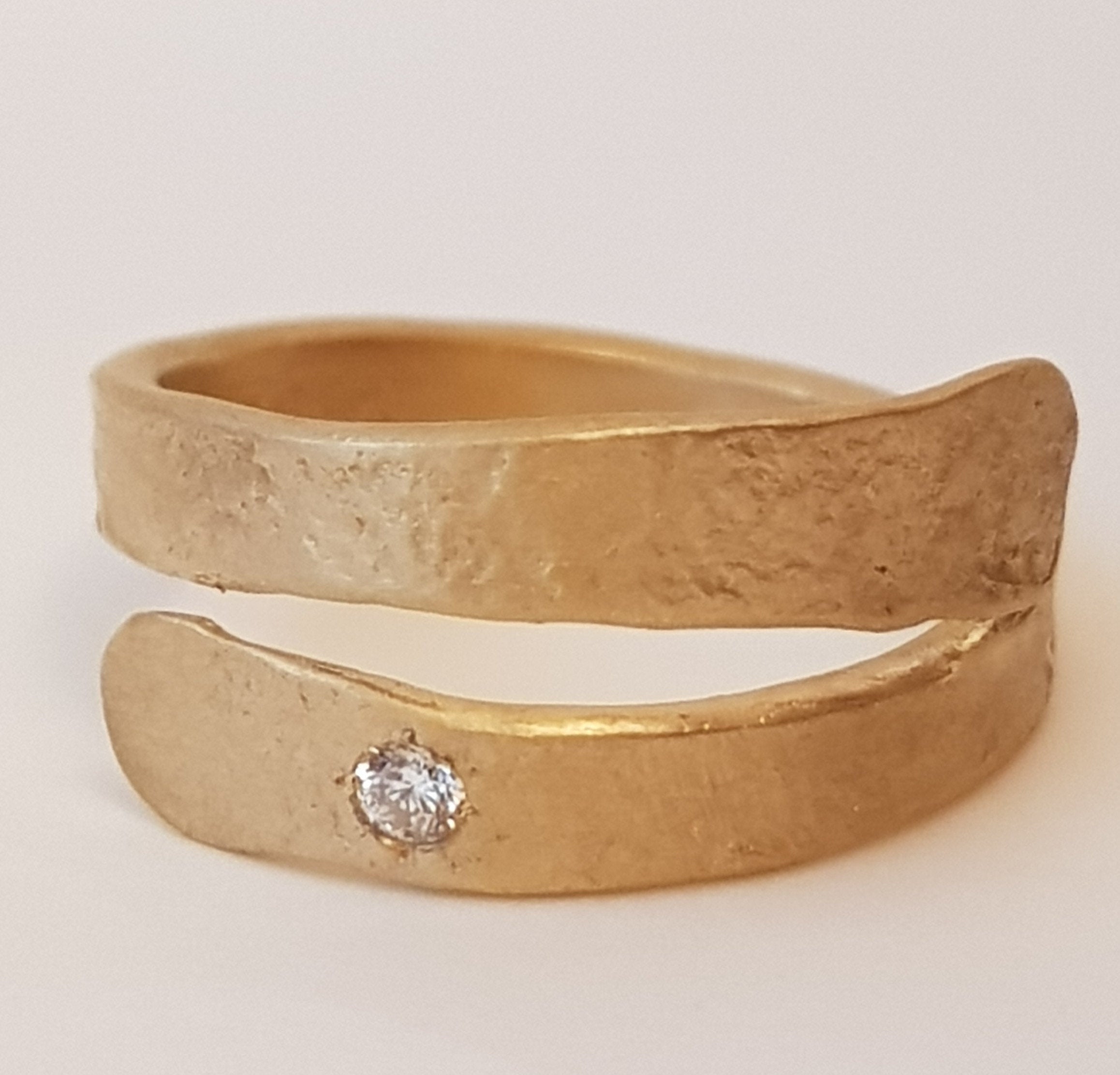 18k Textured Gold Adjustable Wrap Ring with Small Diamond