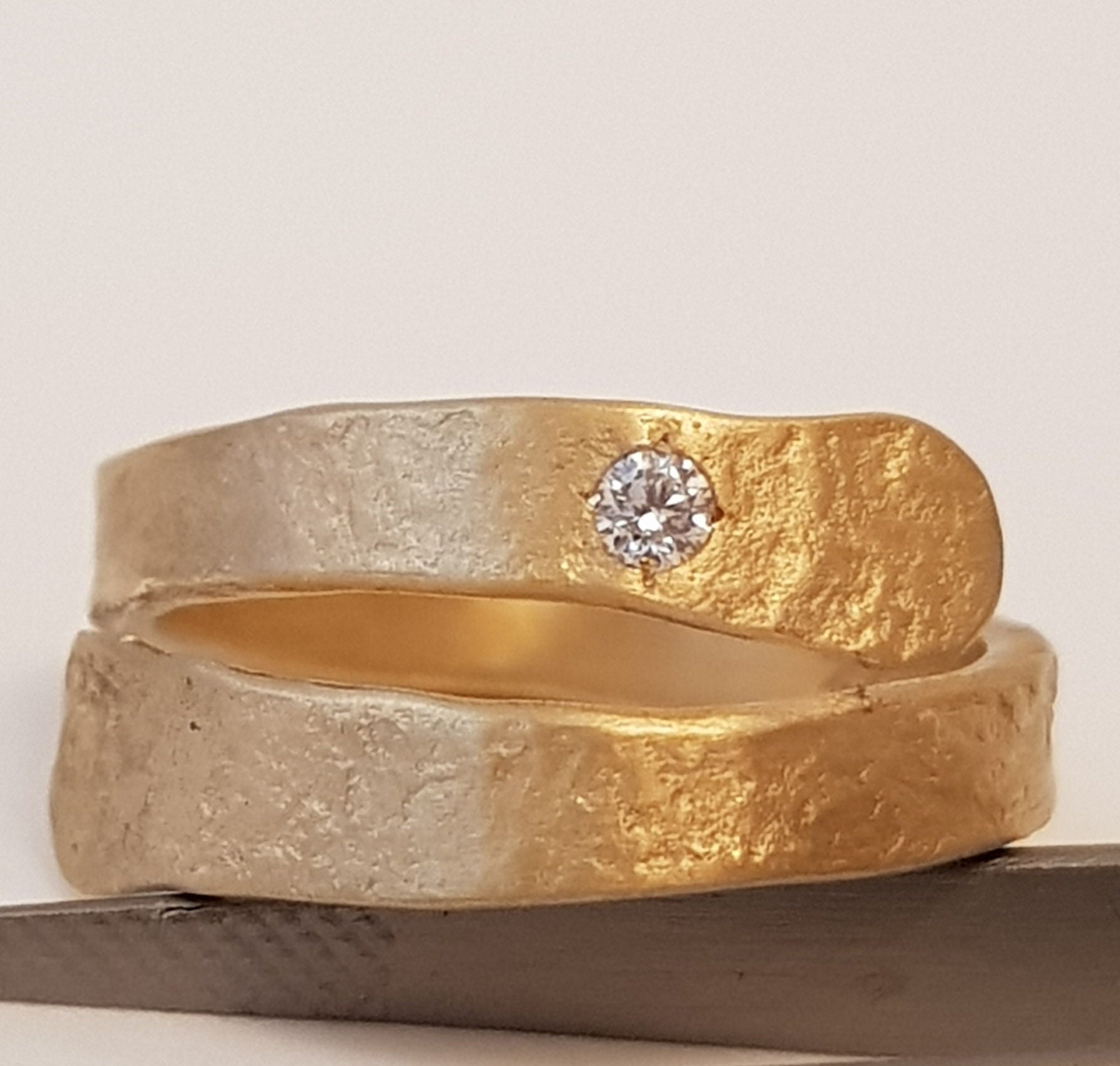 18k Textured Gold Adjustable Wrap Ring with Small Diamond