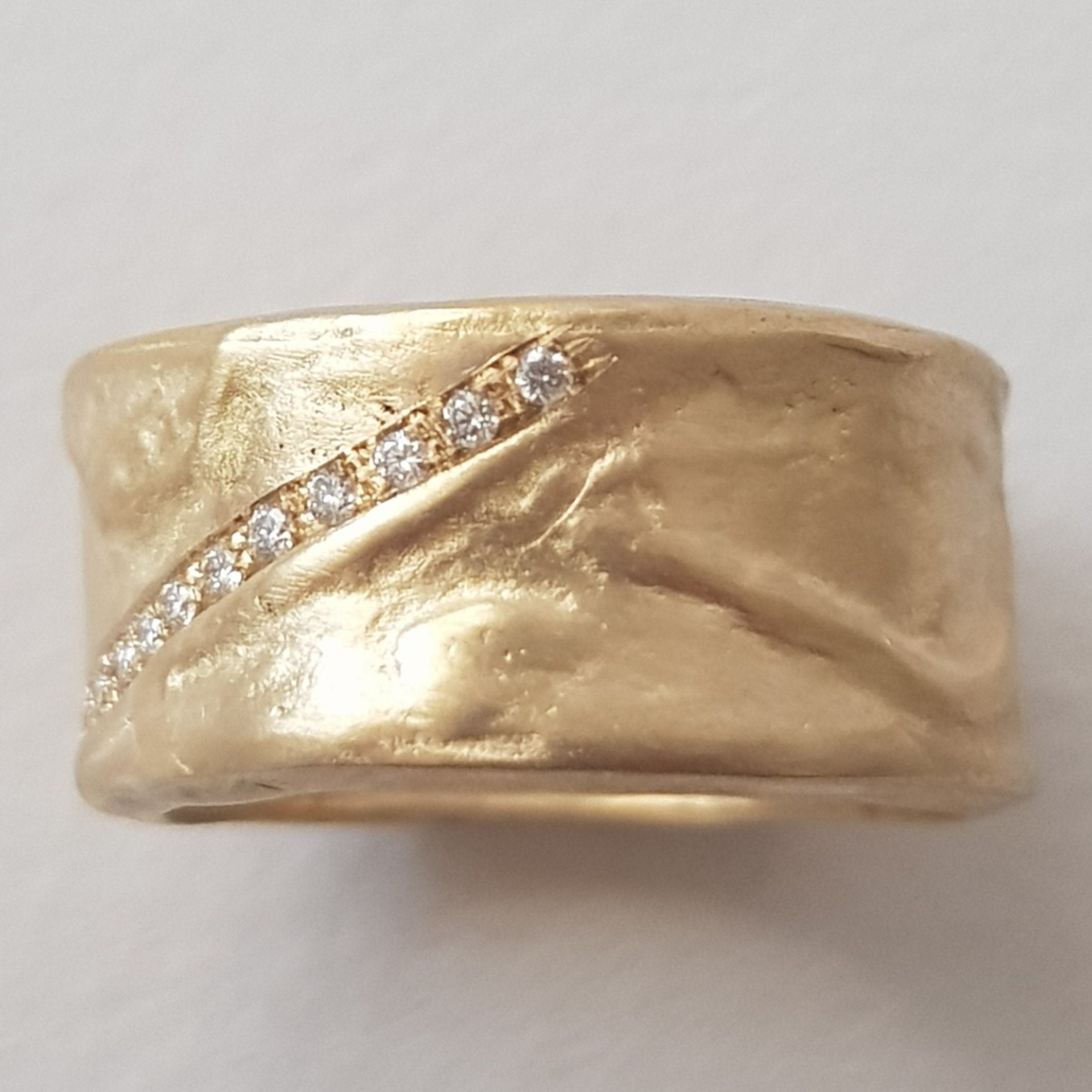 Chunky 18k Textured Gold Diamond Band Ring