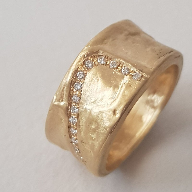 Chunky 18k Textured Gold Diamond Band Ring-ZadokGold