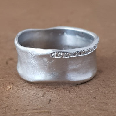 14K White Gold Wedding Ring, Diamond Band Ring, Statement Gold Ring, Hammered Ring, Wide Band Ring, Cigar Gold Ring, Solid Gold Texture Ring-ZadokGold