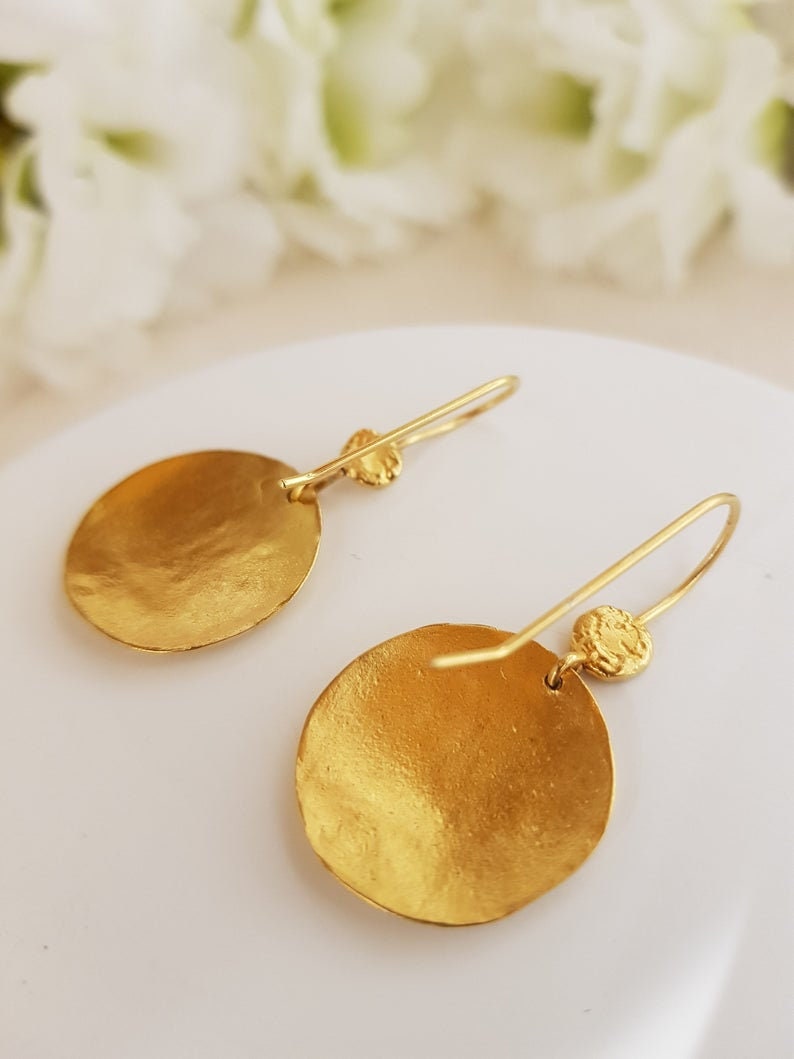 22k Solid Yellow Textured Gold Circle Coin Earrings