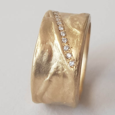 Chunky 18k Textured Gold Diamond Band Ring-ZadokGold