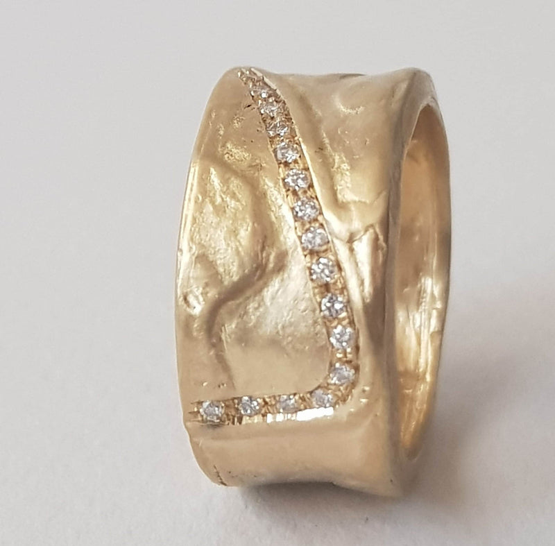 Chunky 18k Textured Gold Diamond Band Ring-ZadokGold