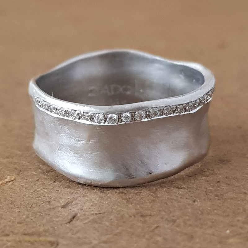 14K White Gold Wedding Ring, Diamond Band Ring, Statement Gold Ring, Hammered Ring, Wide Band Ring, Cigar Gold Ring, Solid Gold Texture Ring-ZadokGold