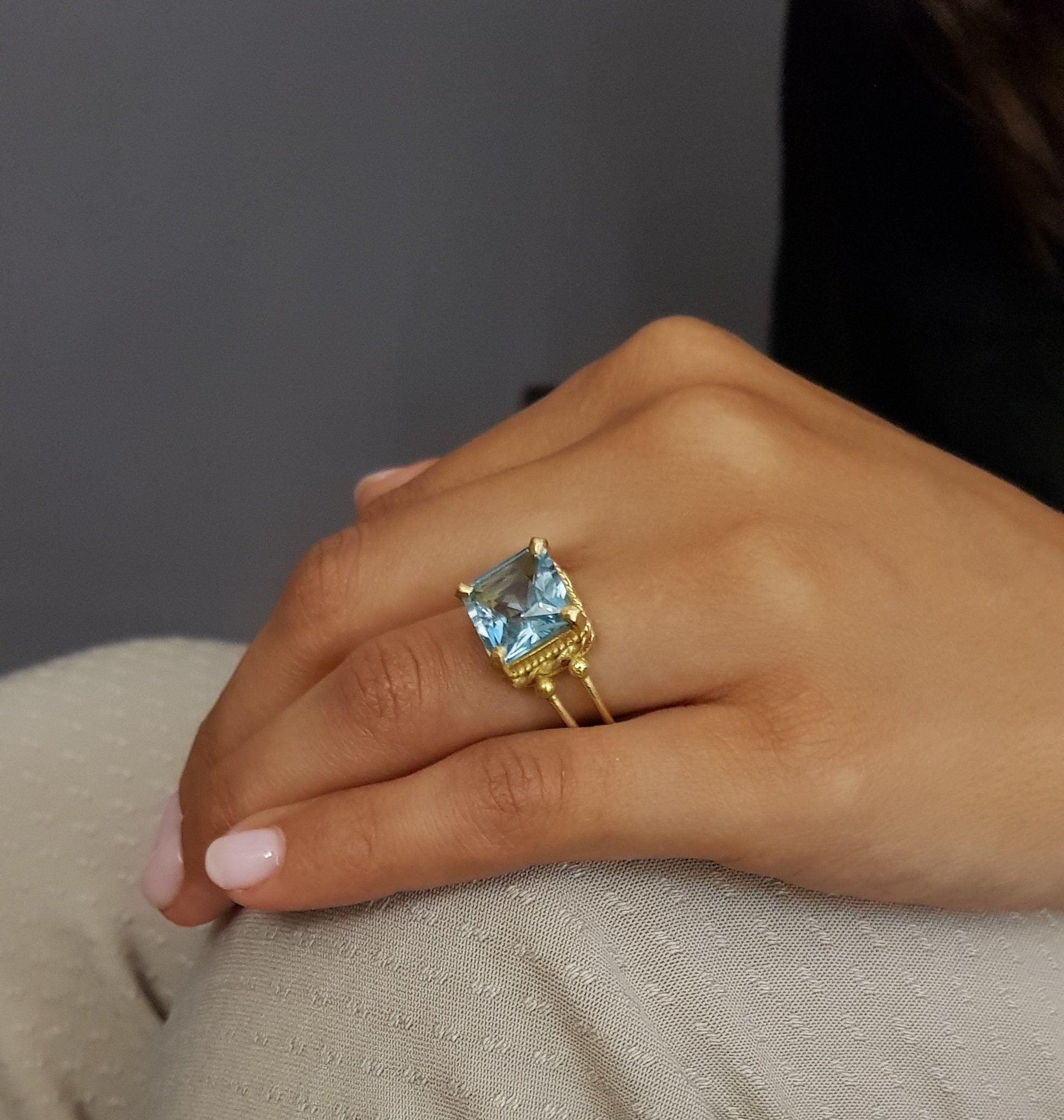 Blue Topaz Square Cocktail Ring 14k Gold