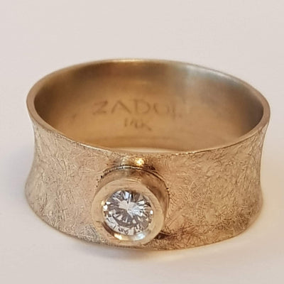 18k Wide Gold Ring with Solitaire Diamond and Scratched Surface-ZadokGold