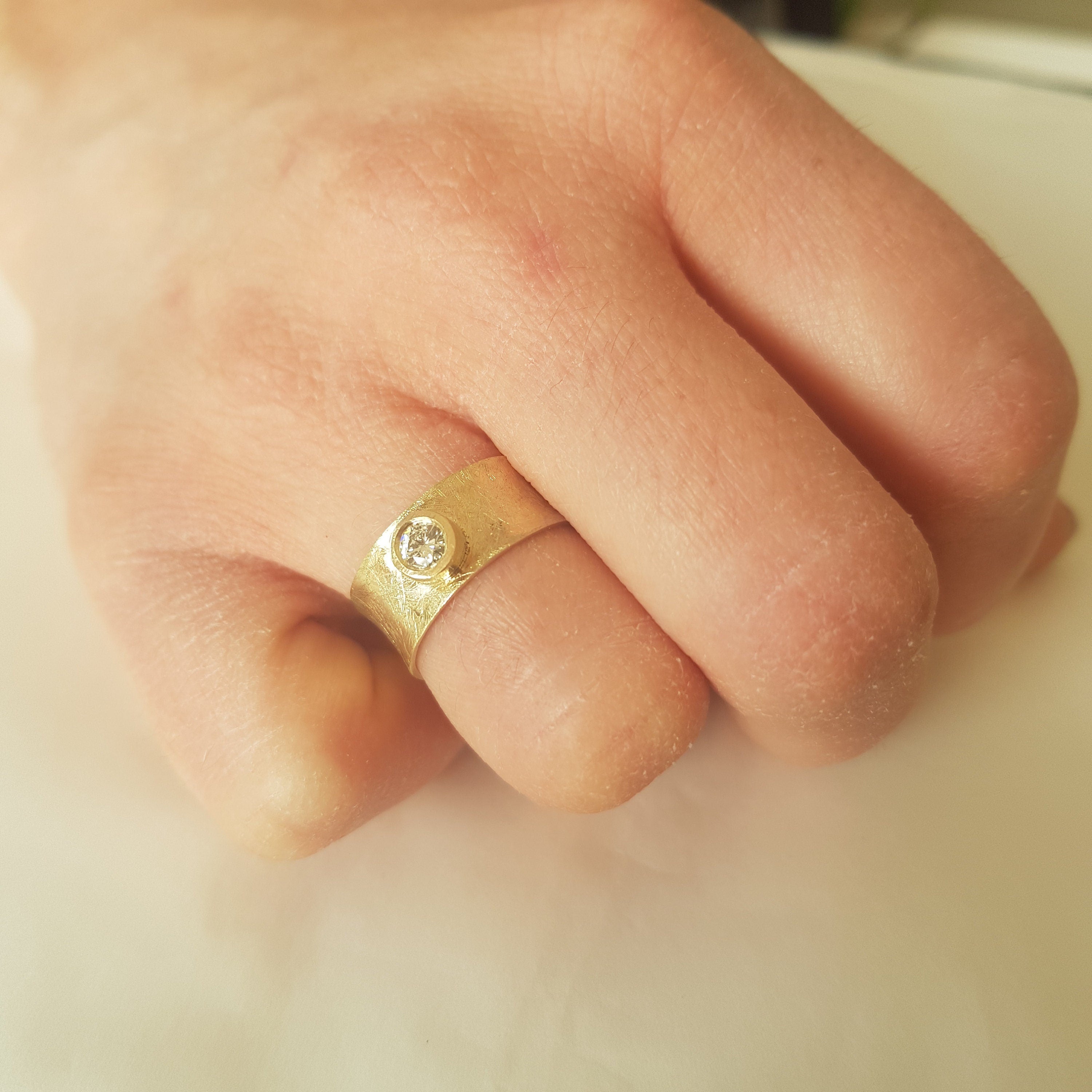 18k Wide Gold Ring with Solitaire Diamond and Scratched Surface