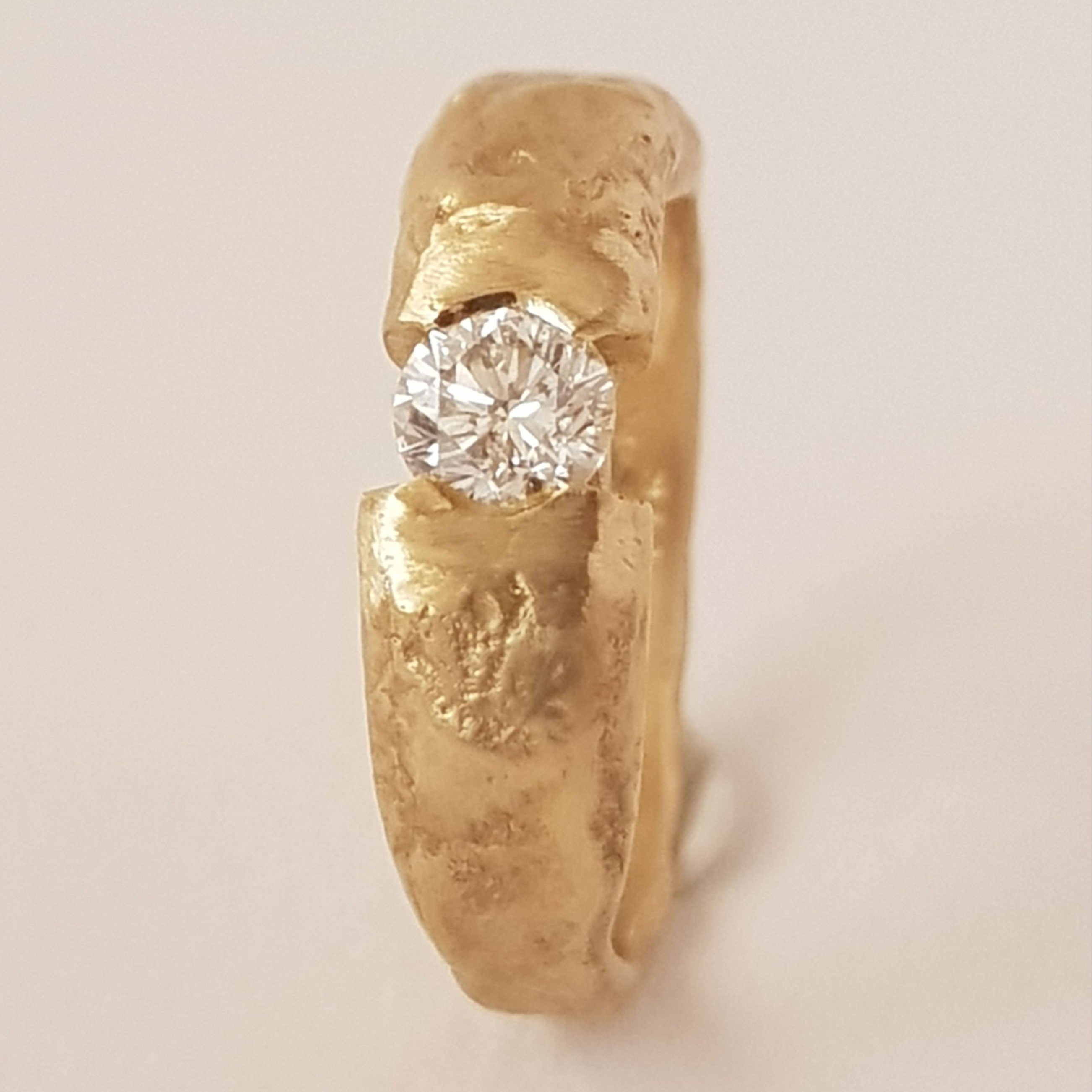 Chunky 18K Gold Solitaire Diamond Ring Matte Textured Gold