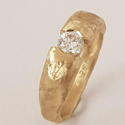 Chunky 18K Gold Solitaire Diamond Ring Matte Textured Gold