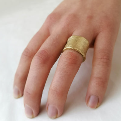 Chunky 18K Gold Band Ring, Wide Cigar Band Ring, Unique Women's Wedding Band, Thick Statement Ring, Rustic Textured Wedding Band-ZadokGold